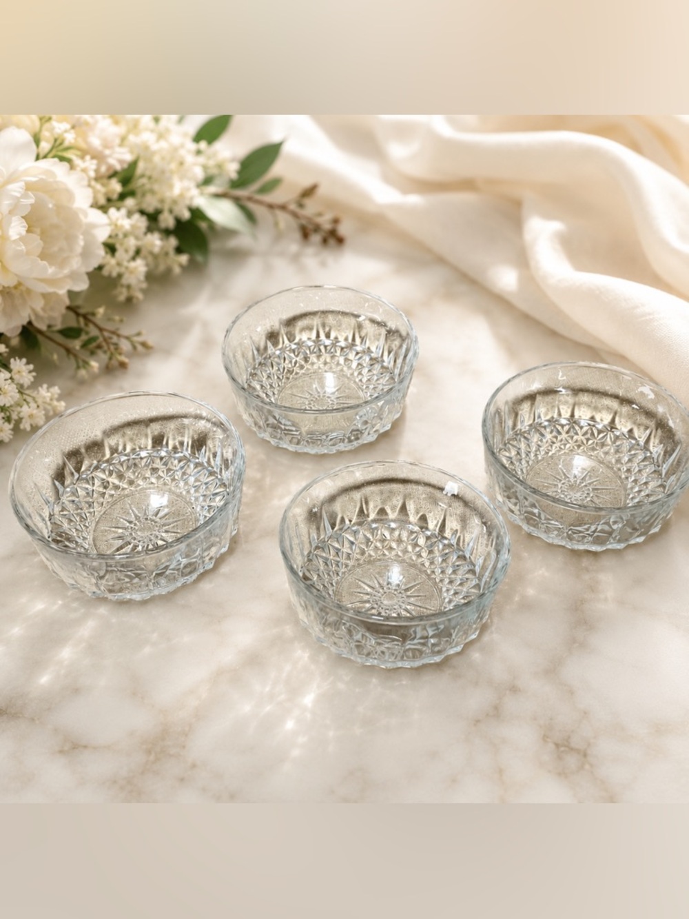 🔍 Vintage Arcoroc France Diamond Point Glass Dessert Bowls (4)